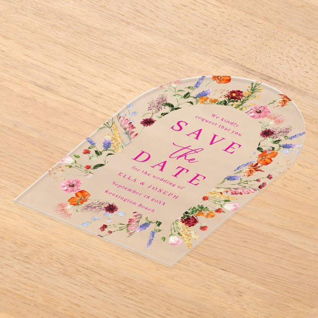 Vibrant Wildflowers Frosted Wedding Save The Date Acrylic Invitations (Laydown)
