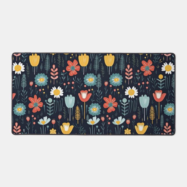 Vibrant Wildflowers on Navy Blue Desk Mat (Front)