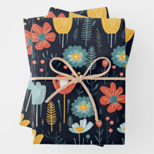 Vibrant Wildflowers on Navy Blue Wrapping Paper Sheet