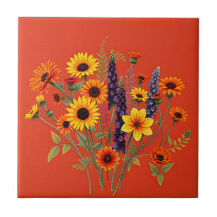 Vibrant Wildflowers on Terracotta Background Tile