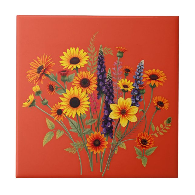 Vibrant Wildflowers on Terracotta Background Tile (Front)