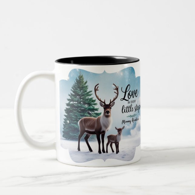 Vibrant Winter Reindeer "Love in Every Little Step Two-Tone Coffee Mug (Left)