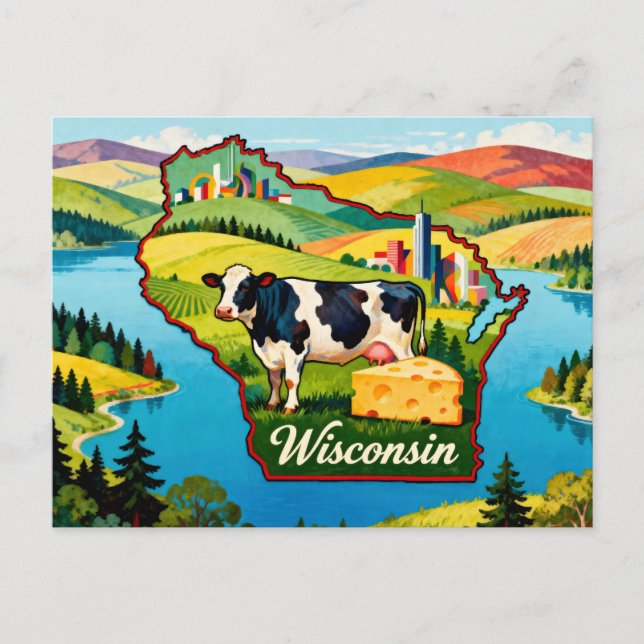 Vibrant Wisconsin Conceptual Map Art Postcard (Front)