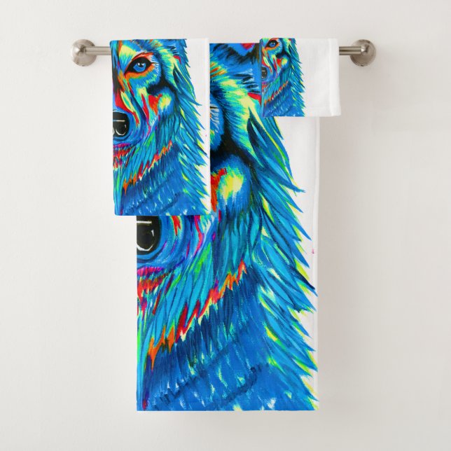 Vibrant wolf bathroom towel set (Insitu)