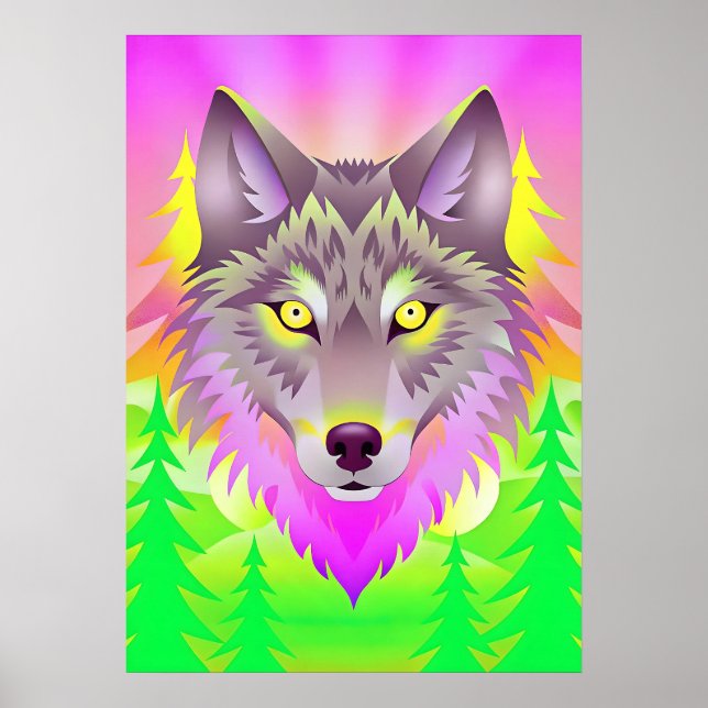 Vibrant Wolf Illustration with Abstract Trees Poster (Front)