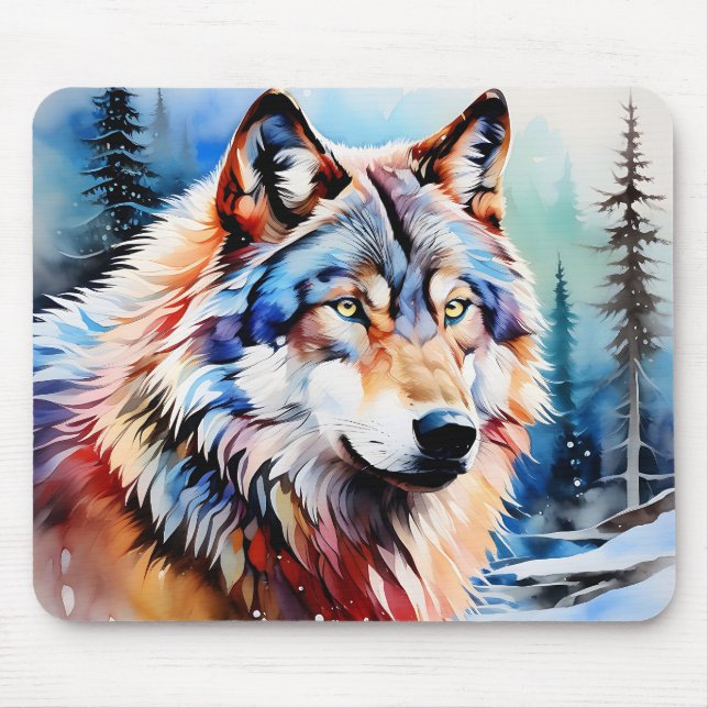 Vibrant Wolf in Snow Mouse Mat (Front)