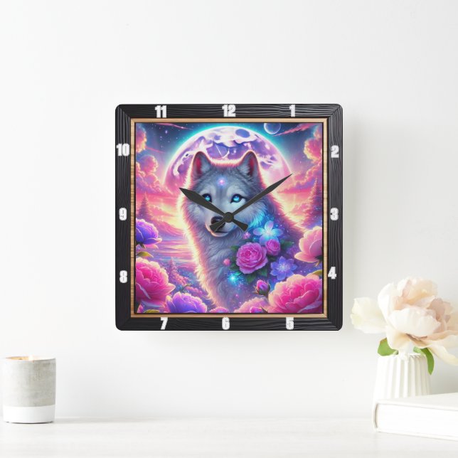 Vibrant Wolf Neon Moon and Mystical Flower Square Wall Clock (Home)