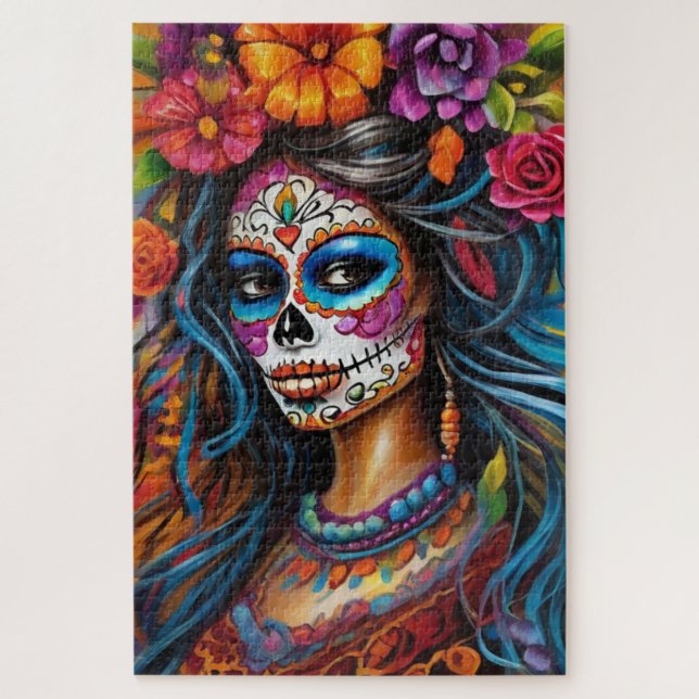 Vibrant Woman in Sugar Skull Makeup Jigsaw Puzzle (Vertical)