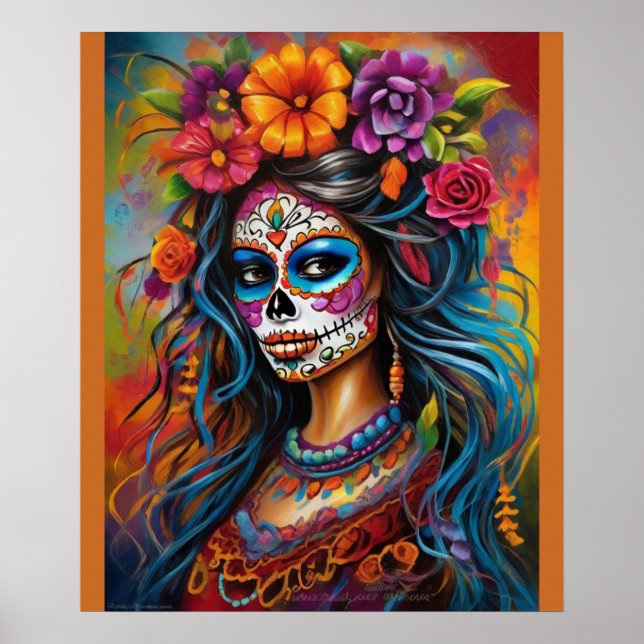 Vibrant Woman in Sugar Skull Makeup Poster (Front)