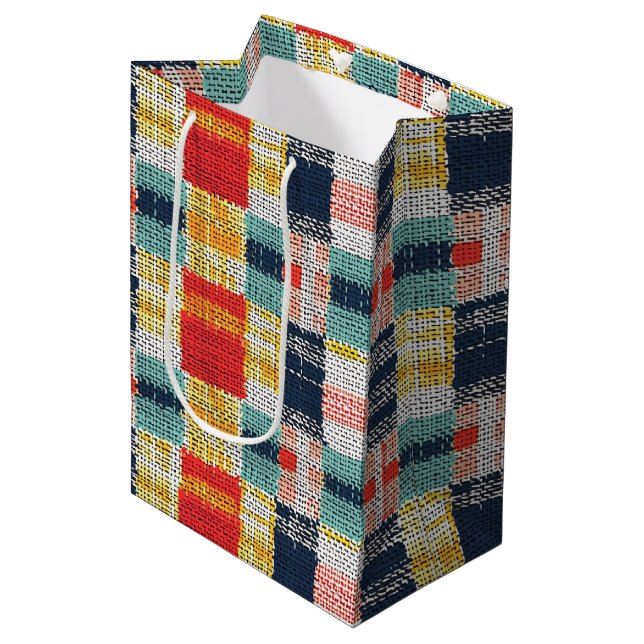 Vibrant Woven Plaid - Retro Boho Chequered Pattern Medium Gift Bag (Front Angled)
