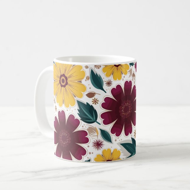Vibrant Yellow and Burgundy Floral Coffee Mug (Front Left)