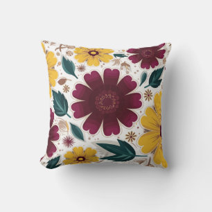 Vibrant Yellow and Burgundy Floral Cushion
