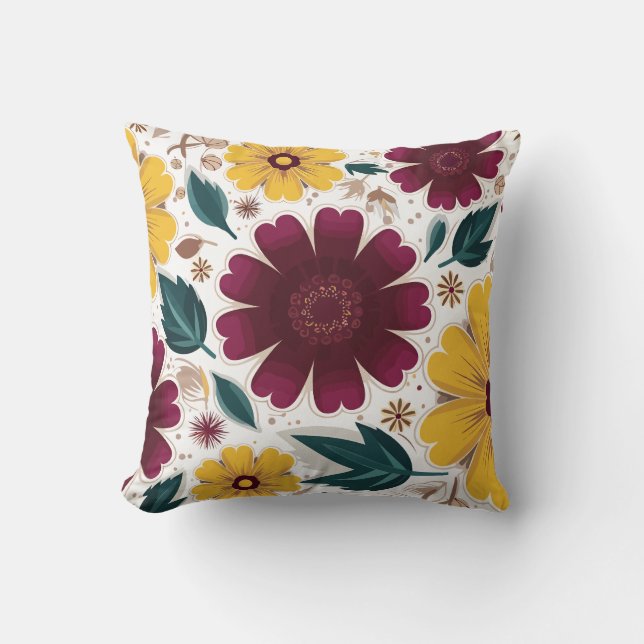 Vibrant Yellow and Burgundy Floral Cushion (Front)