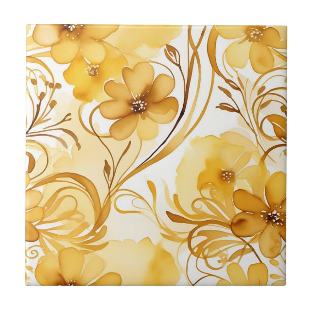 Vibrant Yellow and Gold Watercolor Floral Tile (Front)