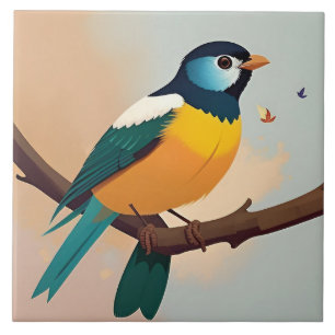 Vibrant Yellow and Green Bird Perched on a Branch Tile