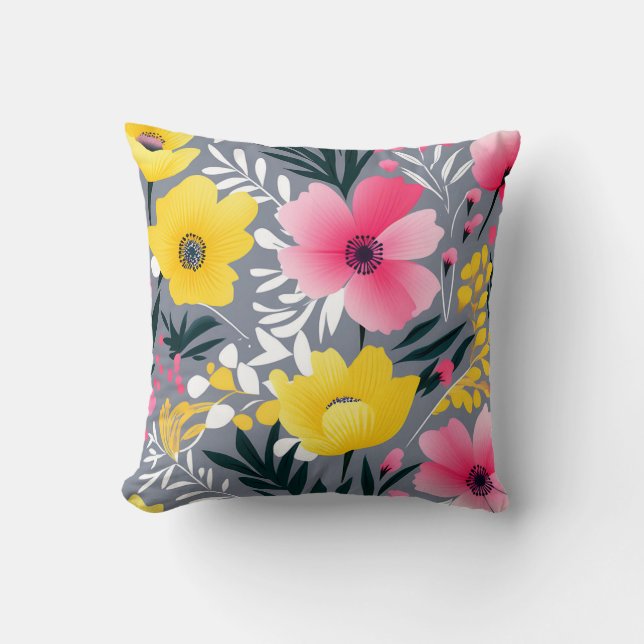 Vibrant Yellow And Pink Flowers On Grey Cushion (Front)