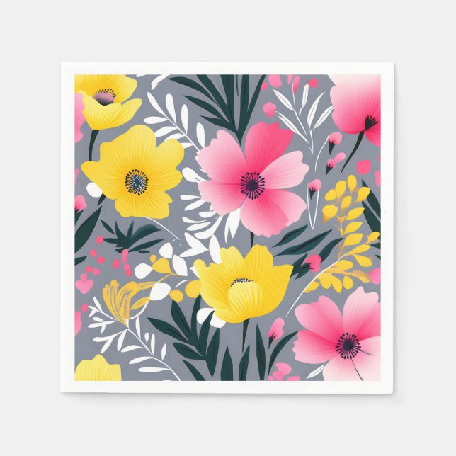 Vibrant Yellow And Pink Flowers On Grey Napkin (Front)