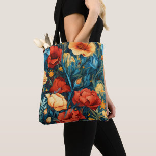 Vibrant Yellow and Red Flowers Botanical Print Tote Bag