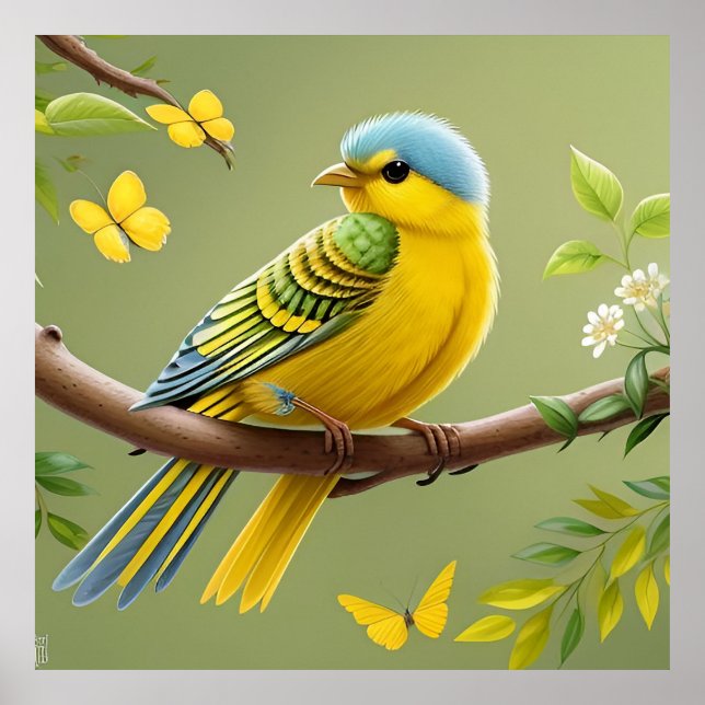 Vibrant Yellow Bird on Branch Poster (Front)