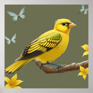 Vibrant Yellow Bird on Branch Poster