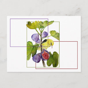 Vibrant Yellow Bird with Purple Figs Watercolor Postcard