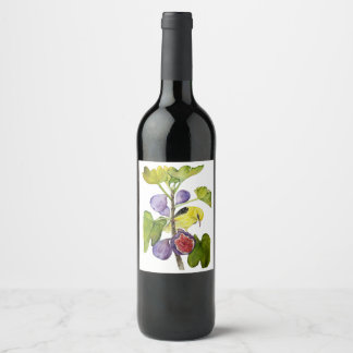 Vibrant Yellow Bird with Purple Figs Watercolor Wine Label