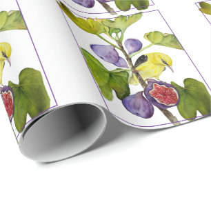 Vibrant Yellow Bird with Purple Figs Watercolor Wrapping Paper
