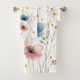 Vibrant Yellow, Blue, and Pink Watercolor Floral Bath Towel Set