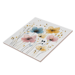 Vibrant Yellow, Blue, and Pink Watercolor Floral Tile