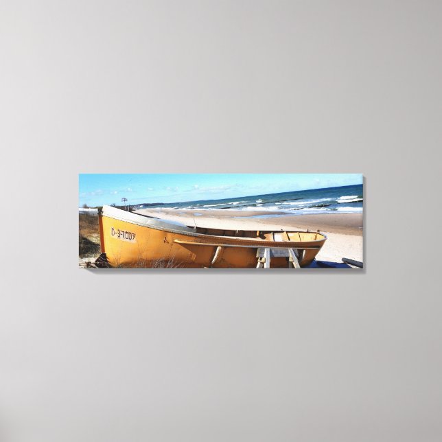 Vibrant Yellow Boat on Beach Coastal Photography Canvas Print (Front)