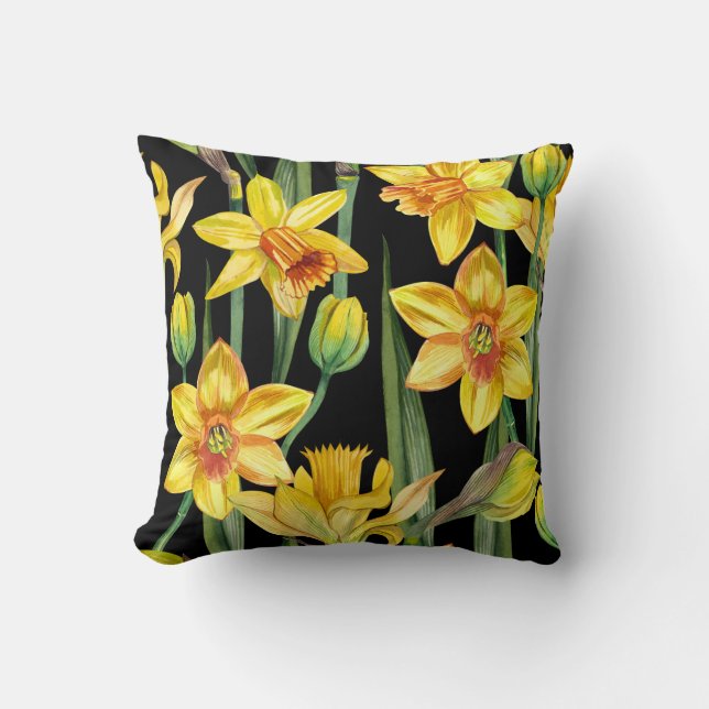 vibrant yellow daffodils and green stems  cushion (Front)