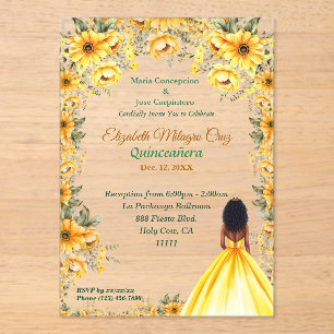 Vibrant Yellow Dress and Afro Hair  Quinceañera Acrylic Invitations