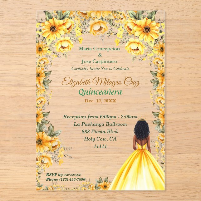 Vibrant Yellow Dress and Afro Hair  Quinceañera Acrylic Invitations (Front)