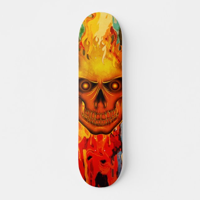 Vibrant Yellow Flame Skull Art Skateboard (Front)