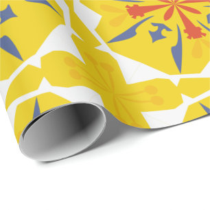 vibrant yellow geometric pattern with red and blue wrapping paper
