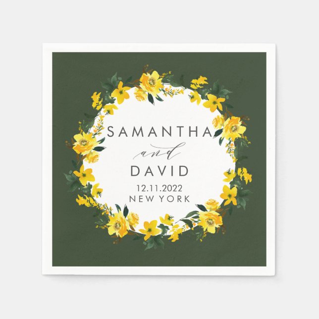 Vibrant Yellow Green Wedding floral personalised Napkin (Front)