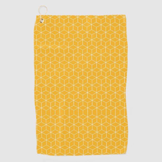 Vibrant Yellow Hexagonal Cube Pattern Design Golf Towel (Front)