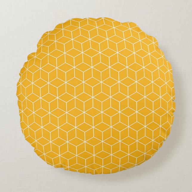 Vibrant Yellow Hexagonal Cube Pattern Design Round Cushion (Front)