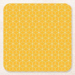 Vibrant Yellow Hexagonal Cube Pattern Design Square Paper Coaster