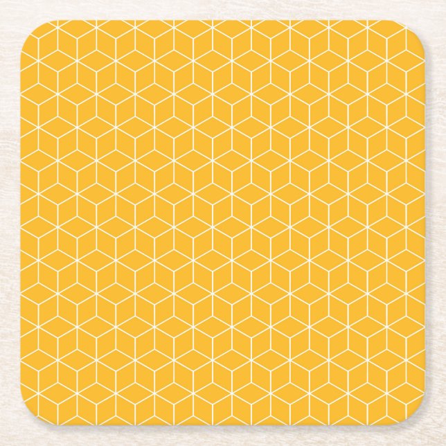 Vibrant Yellow Hexagonal Cube Pattern Design Square Paper Coaster (Front)
