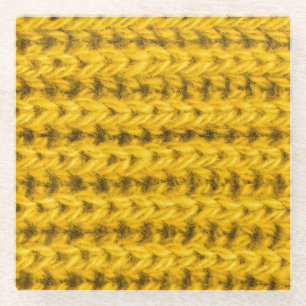 Vibrant Yellow Knitted Wool Texture Glass Coaster