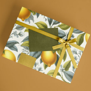 Vibrant Yellow Lemon and Blue Watercolor Botanical Wrapping Paper