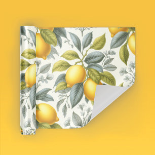 Vibrant Yellow Lemon and Blue Watercolor Botanical Wrapping Paper Sheet
