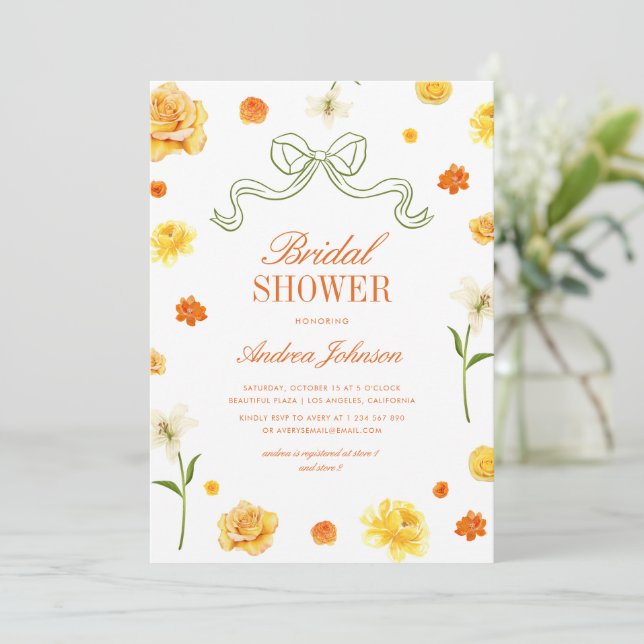 Vibrant Yellow Orange Floral Bow Bridal Shower Invitation (Standing Front)