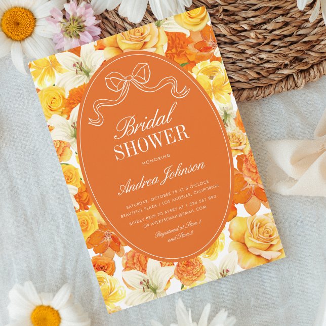 Vibrant Yellow & Orange Floral Bow Bridal Shower Invitation (Creator Uploaded)