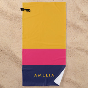 Vibrant Yellow Pink Blue Colour Block Beach Towel