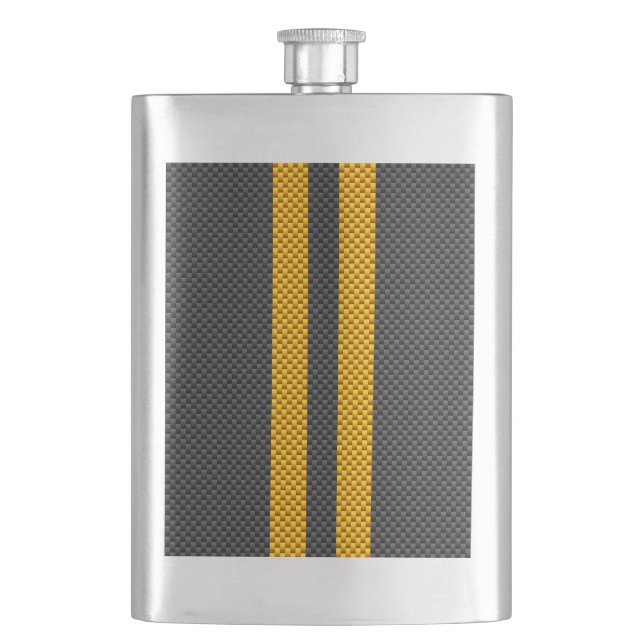 Vibrant Yellow Racing Stripes Carbon Fiber Style Hip Flask (Front)
