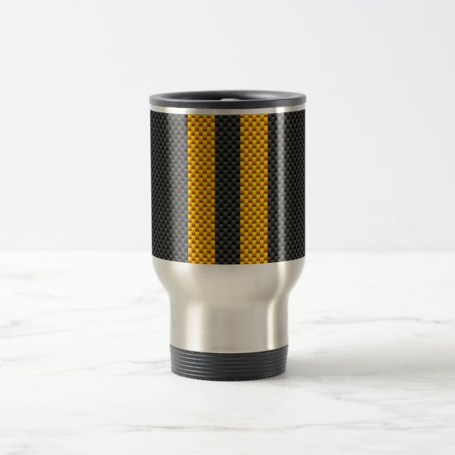 Vibrant Yellow Racing Stripes Carbon Fiber Style Travel Mug (Center)