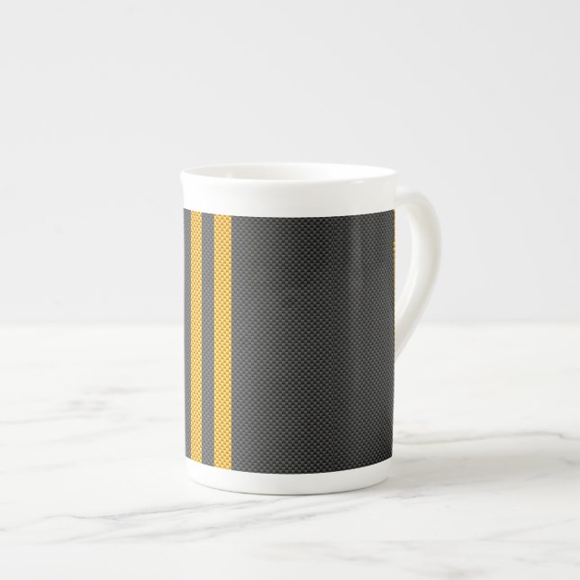 Vibrant Yellow Racing Stripes Carbon Fibre Style Bone China Mug (Front Right)