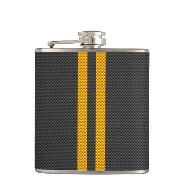 Vibrant Yellow Racing Stripes Carbon Fibre Style Hip Flask (Front)